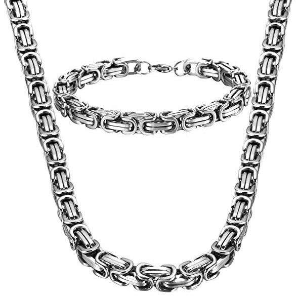 VVS Jewelry hip hop jewelry Silver Set / 8mm Byzantine Stainless Steel Chain & FREE Byzantine Bracelet