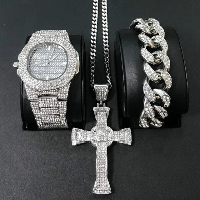 VVS Jewelry hip hop jewelry Silver Set Gold/Silver Crucifix Necklace + Bracelet + OG Bust Down Watch Set