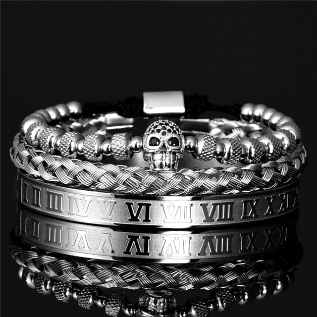 VVS Jewelry hip hop jewelry Silver set Roman Skull 3pc Bracelet Set