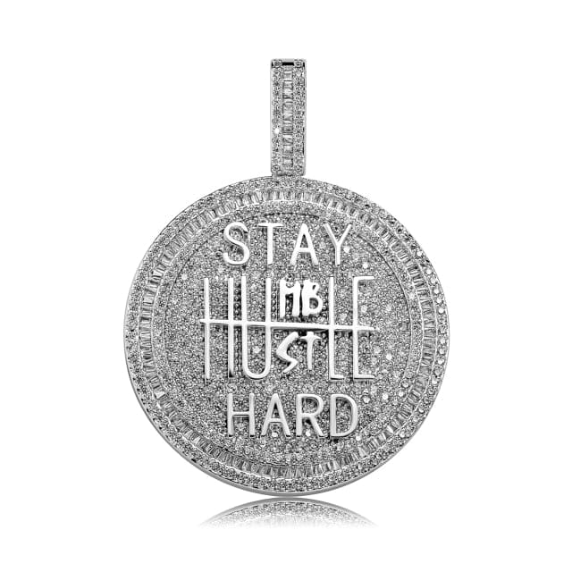 VVS Jewelry hip hop jewelry Silver / Tennis chain / 18inch Fully Iced Stay Humble Hustle Hard Round Pendant Chain