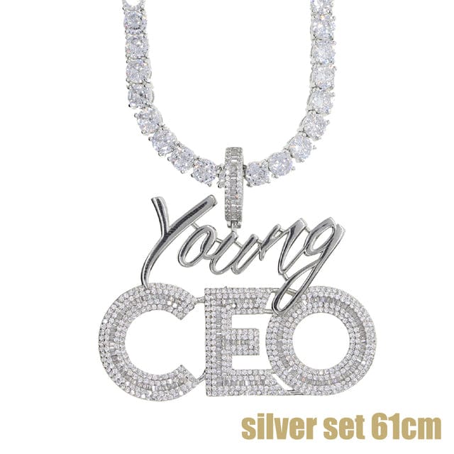 VVS Jewelry hip hop jewelry Silver Tennis Chain 24 Inches Young CEO Two Tone Iced Pendant Necklace