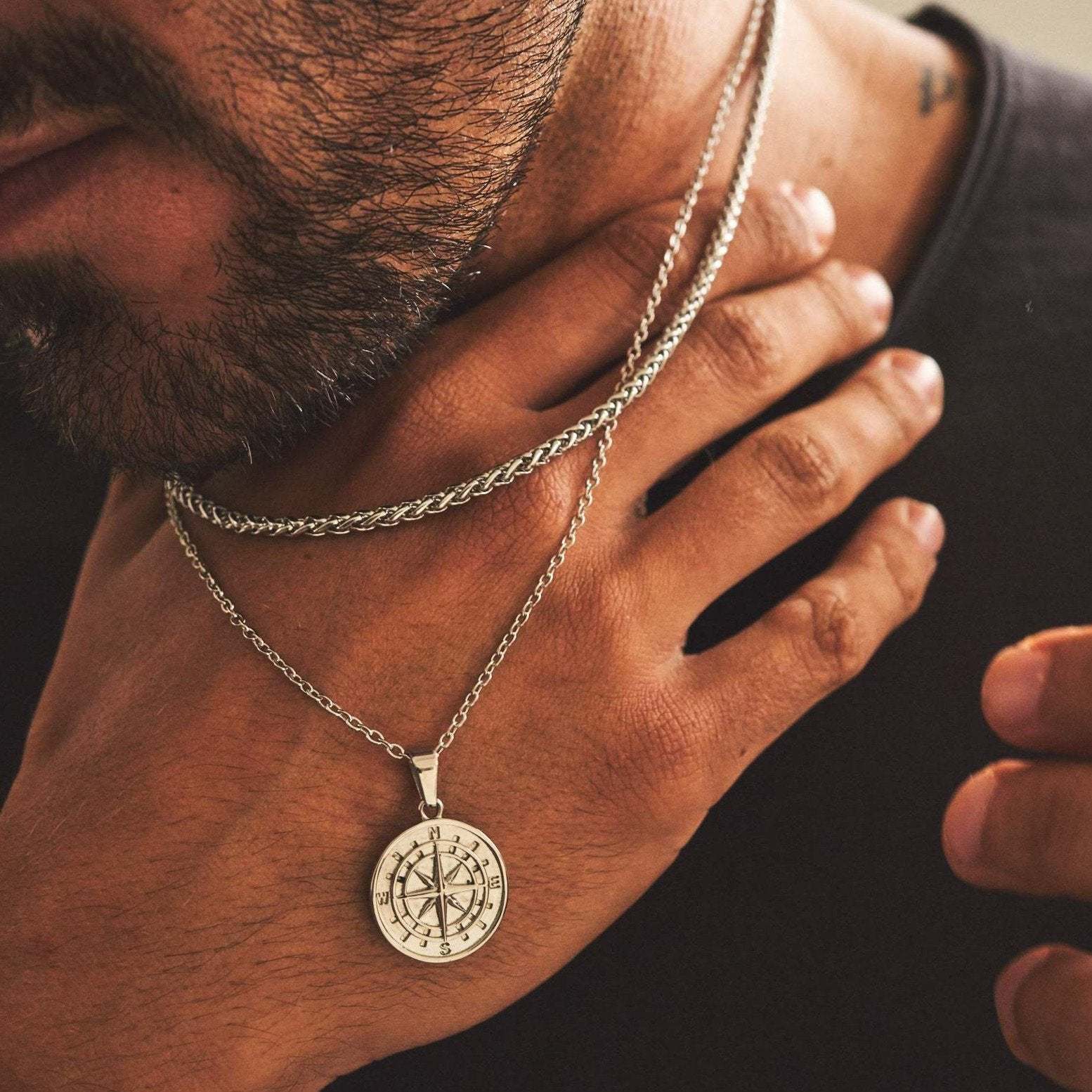 VVS Jewelry hip hop jewelry Silver Wheat Chain VVS Jewelry Compass Pendant Necklace