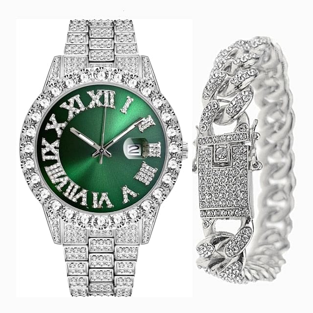 VVS Jewelry hip hop jewelry sliver green Fully Iced Bling Watch + Cuban Bracelet Bundle