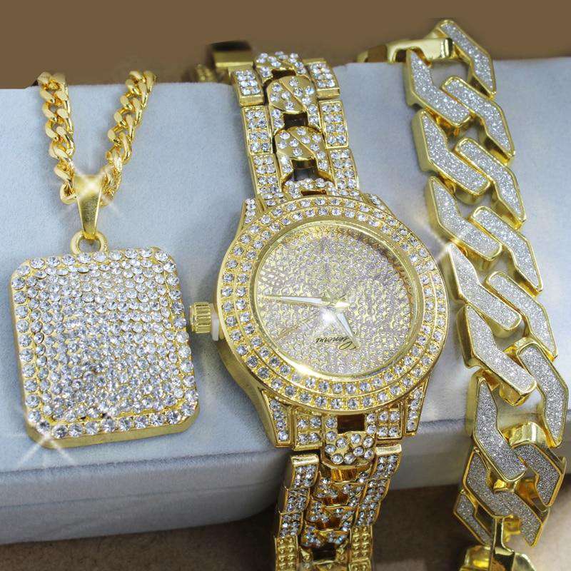 Swaggy Ice Out Watch + Necklace + Bracelet Bundle