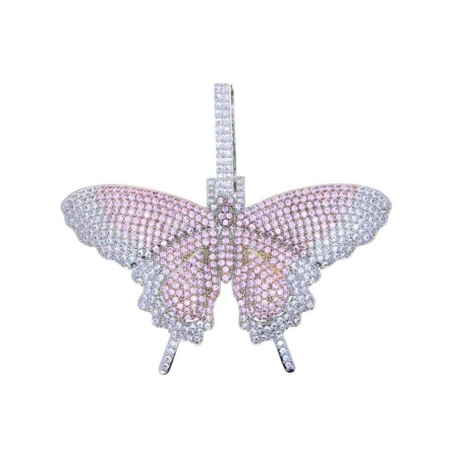 VVS Jewelry hip hop jewelry Tennis Chain 18 Inches / Silver Pink Fully Iced Butterfly Pendant Tennis Chain