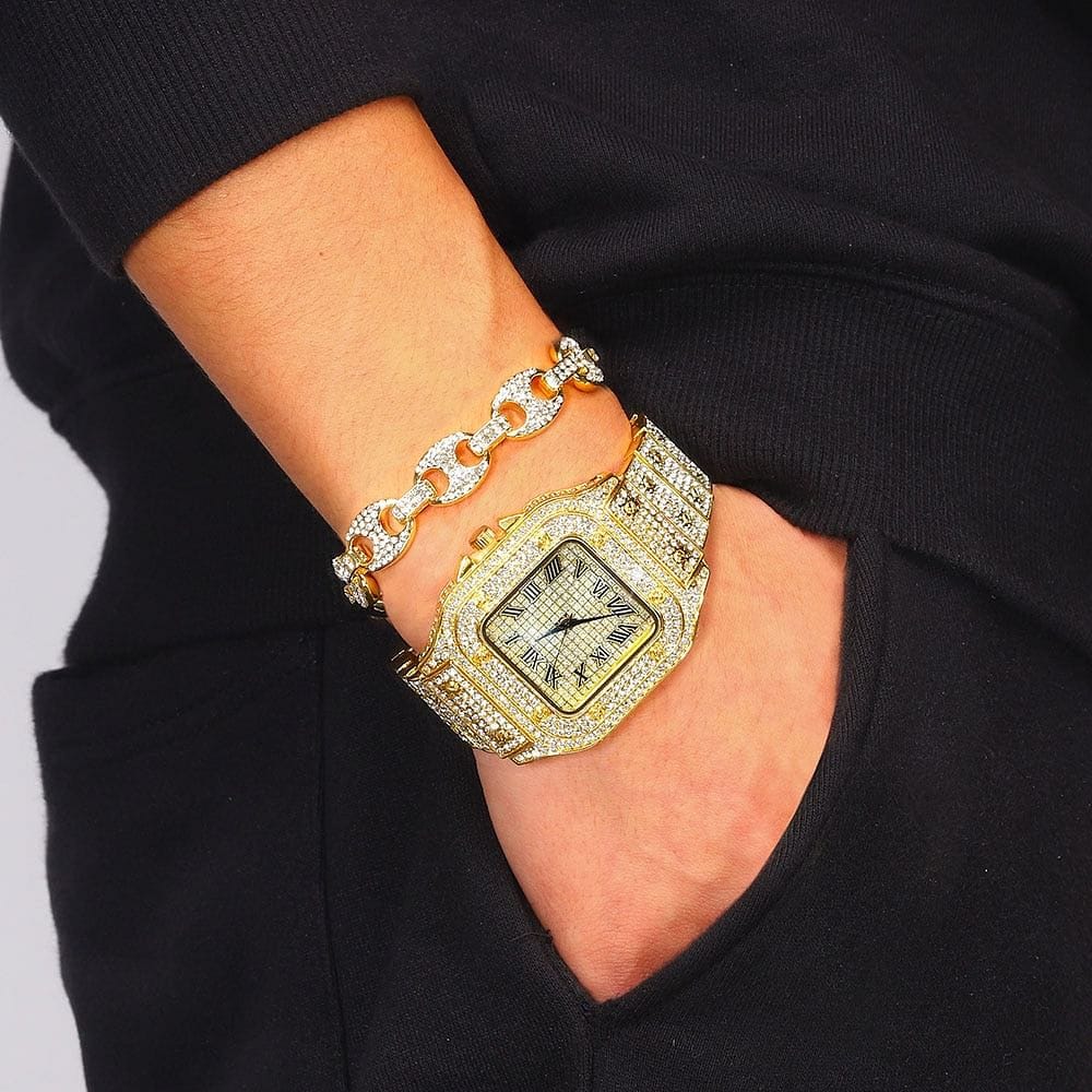 VVS Jewelry hip hop jewelry VVS Jewelry Coffee Bean Chain and Bracelet Bundle + FREE Square Roman Watch