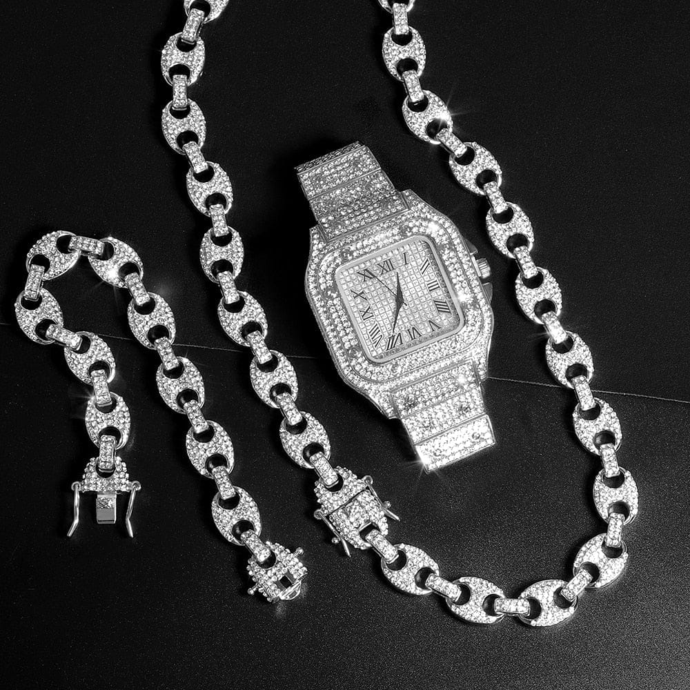 VVS Jewelry hip hop jewelry VVS Jewelry Coffee Bean Chain and Bracelet Bundle + FREE Square Roman Watch
