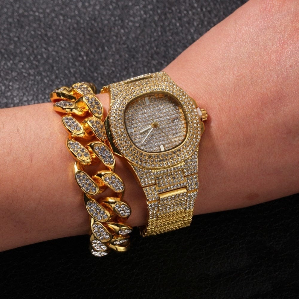 VVS Jewelry hip hop jewelry VVS Jewelry Cuban Chain & Cuban Bracelet Bundle + Free OG Bust Down Watch