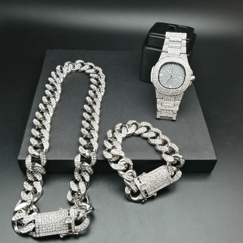 VVS Jewelry hip hop jewelry VVS Jewelry Cuban Chain & Cuban Bracelet Bundle + Free OG Bust Down Watch