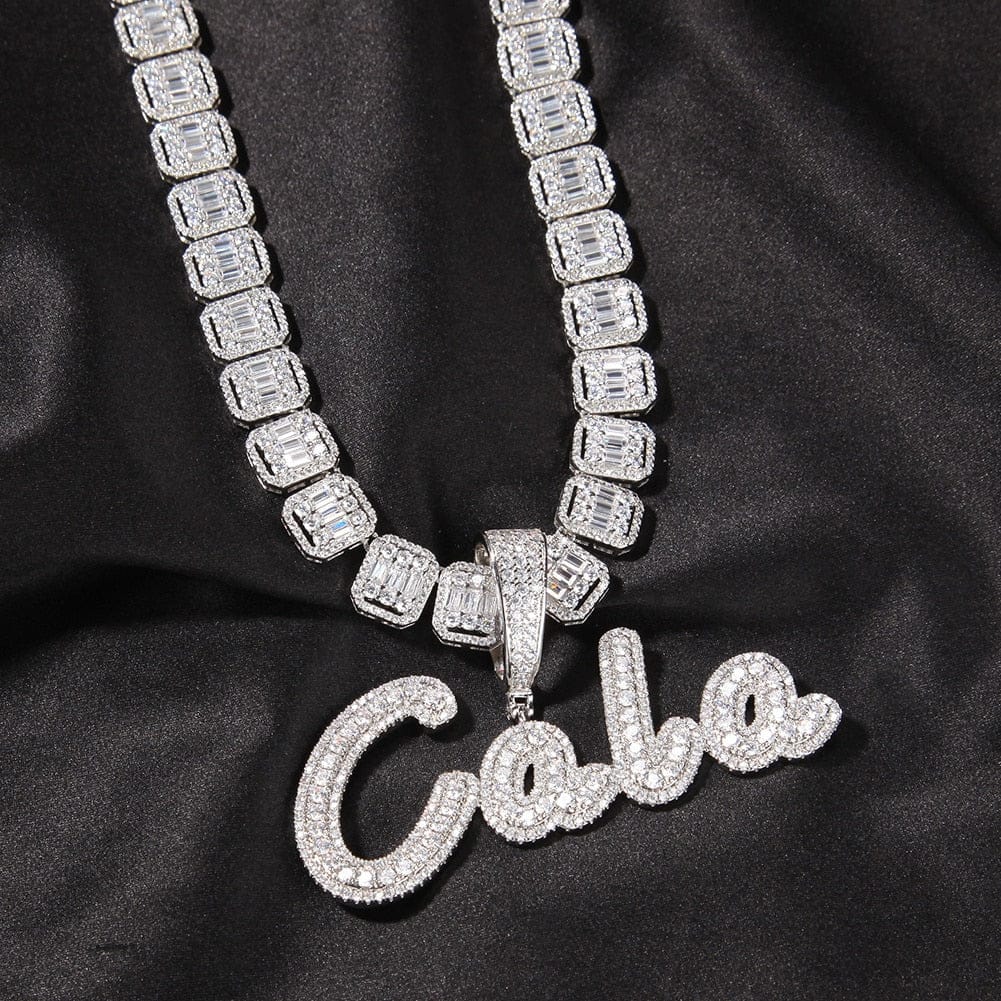 VVS Jewelry hip hop jewelry VVS Jewelry Custom Name Brush Cursive Baguette Pendant and Chain