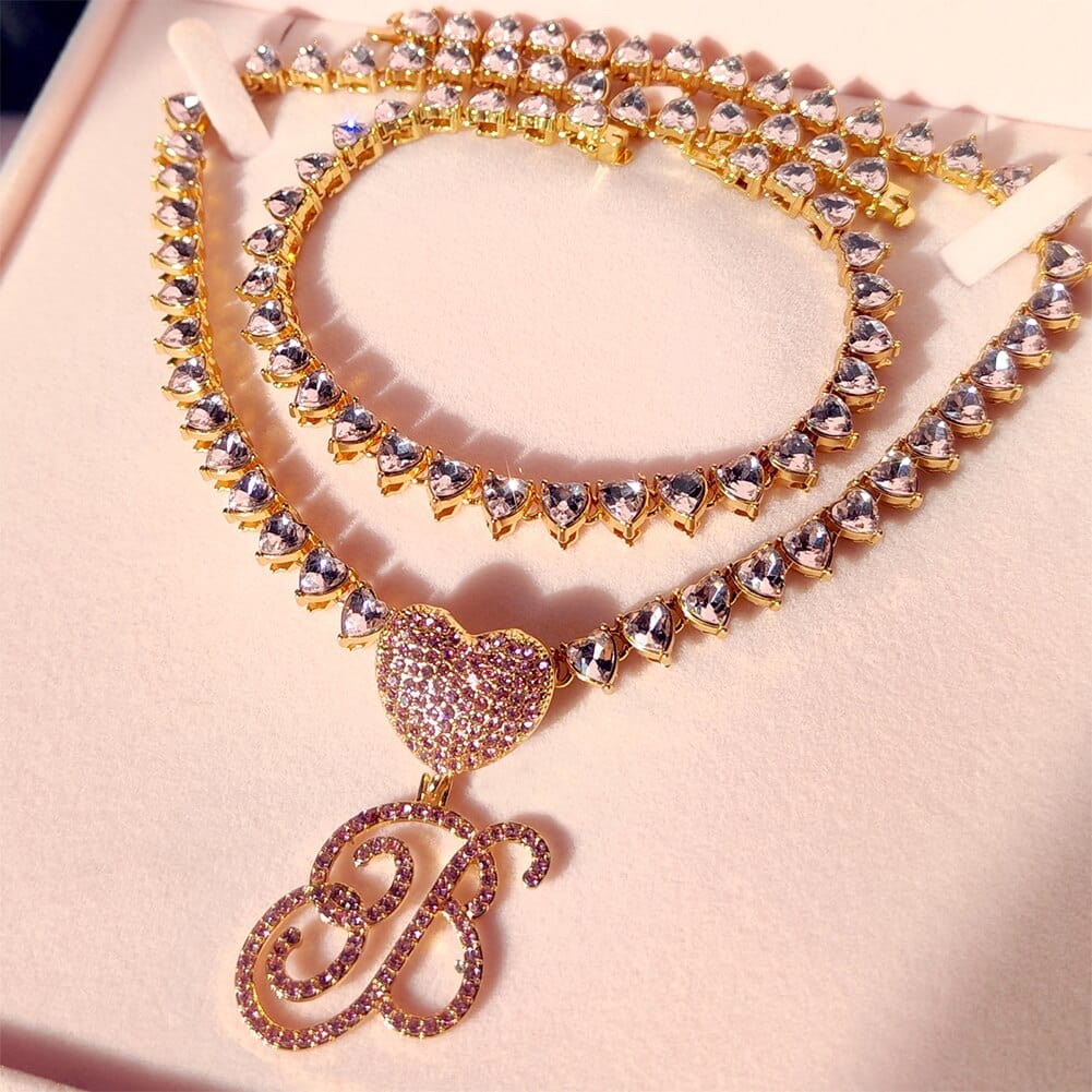 VVS Jewelry hip hop jewelry VVS Jewelry Iced Cursive Heart Initial Pendant Tennis Necklace