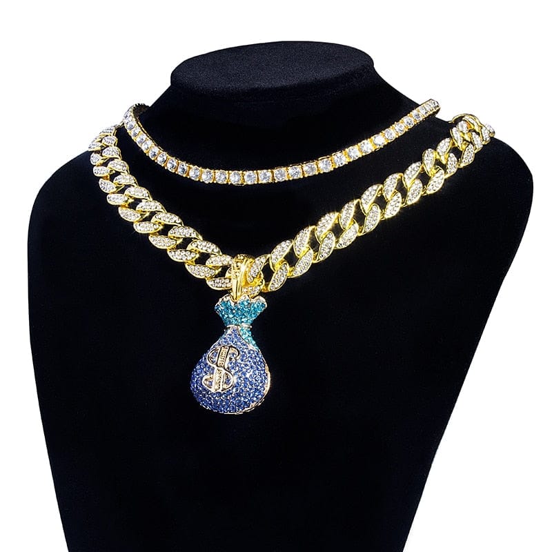 VVS Jewelry hip hop jewelry VVS Jewelry Money Bag Pendant Cuban Chain + Tennis Choker Bundle