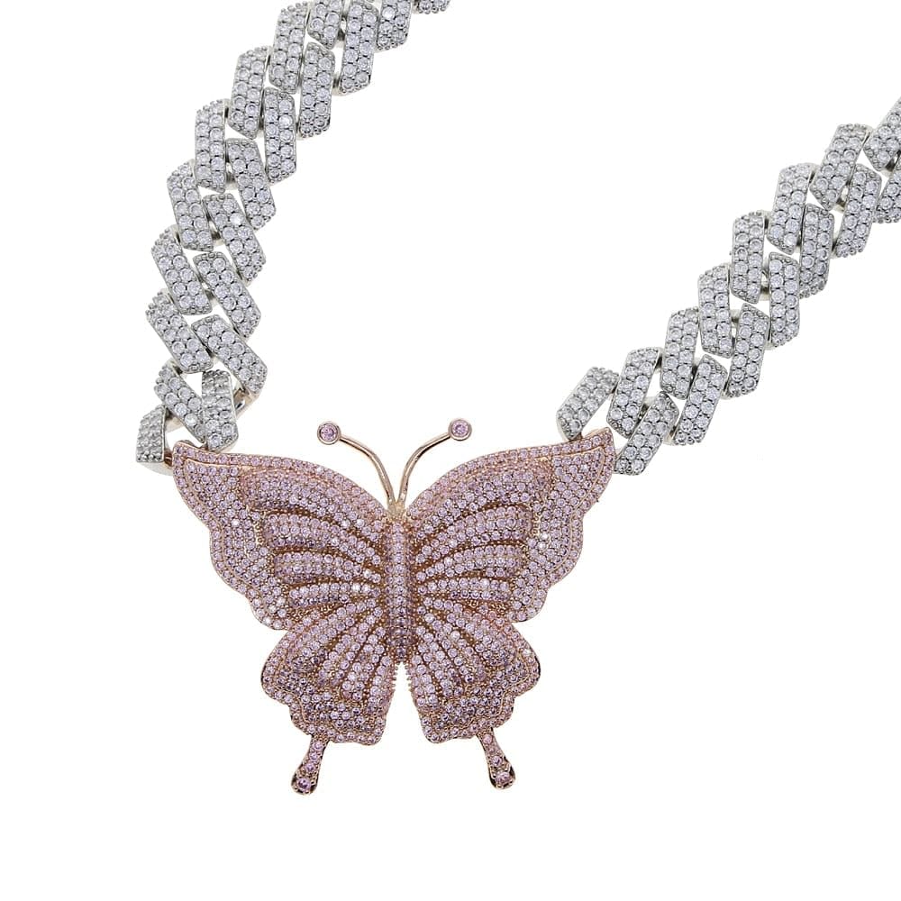 VVS Jewelry hip hop jewelry VVS Jewelry Pink Silver Butterfly Miami Cuban Choker