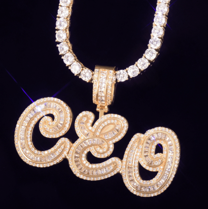 VVS Jewelry hip hop jewelry VVS Jewelry Rose Gold Custom Baguette Script Letter Pendant Necklace