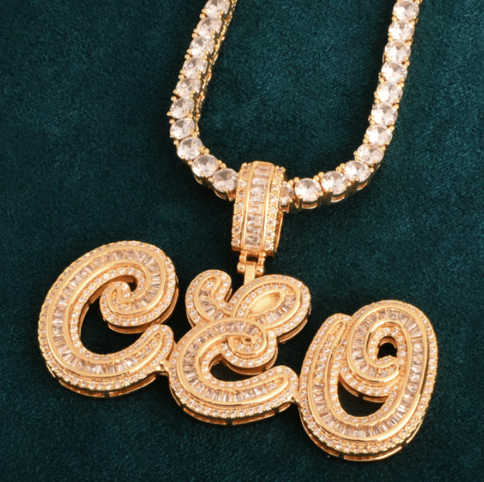 VVS Jewelry hip hop jewelry VVS Jewelry Rose Gold Custom Baguette Script Letter Pendant Necklace