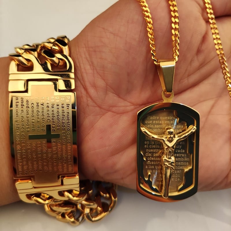 VVS Jewelry hip hop jewelry VVS Jewelry Thicc Jesus Cuban Bracelet + Crucifix Chain Pendant Bundle