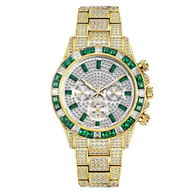 VVS Jewelry hip hop jewelry Watch Gold Green VVS Jewelry Two-Tone Green Iced Out Watch