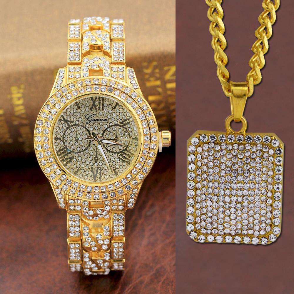 VVS Jewelry hip hop jewelry WATCH NECKLACE SET Timekeeper Bling Watch + Pendant Set