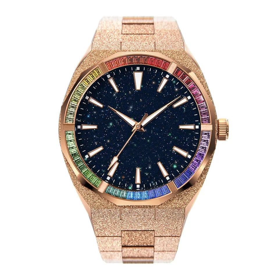 VVS Jewelry hip hop jewelry Watch Rose Gold VVS Jewelry Frosted Star Dust Rainbow Dial Watch
