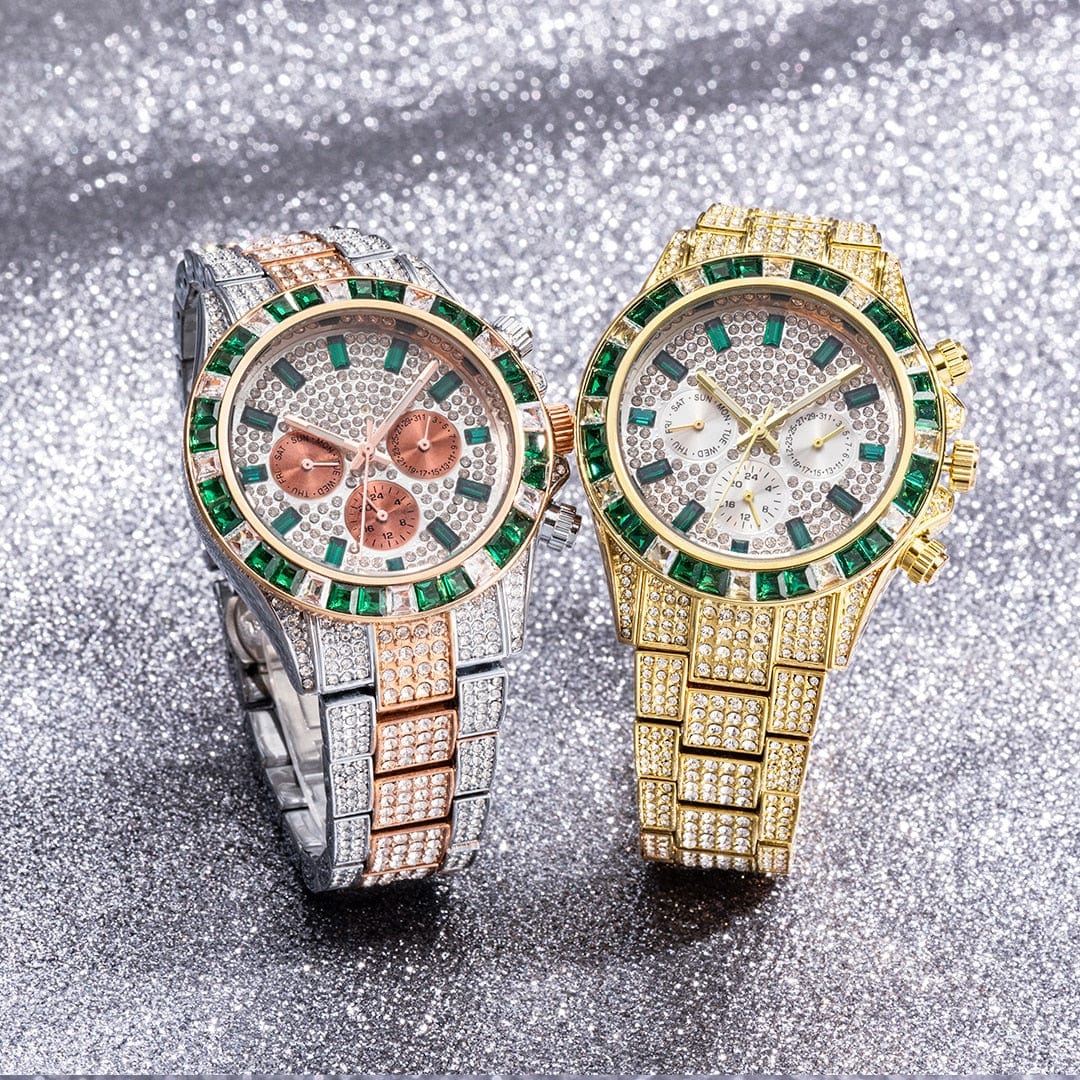 VVS Jewelry hip hop jewelry Watch VVS Jewelry Two-Tone Green Iced Out Watch